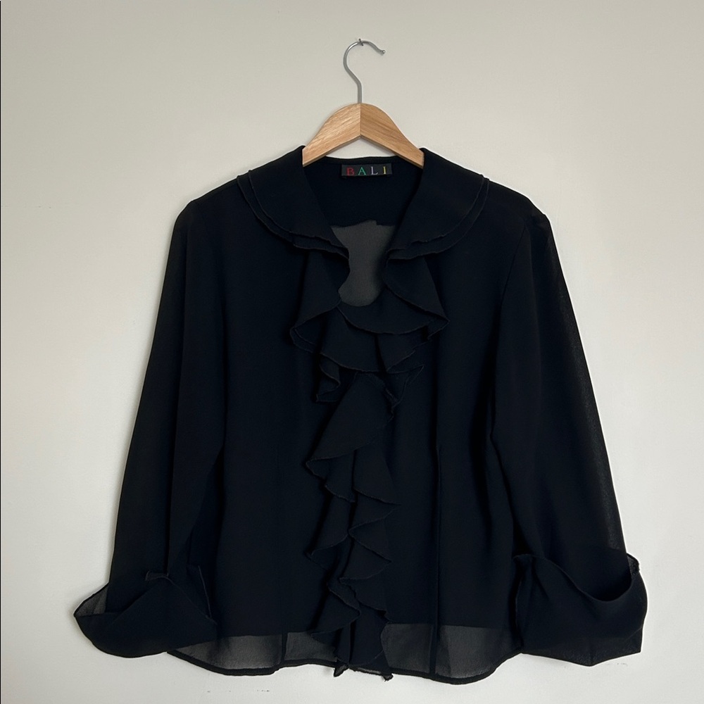 ☀️ Vintage Y2K Black Sheer 3/4 Sleeves Ruffled Round Collar Button-Down Shirt